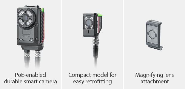 PoE-enabled durable smart camera / Compact model for easy retrofitting / Magnifying lens attachment