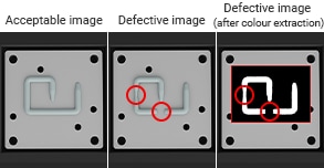 Acceptable image, Defective image, Defective image (after colour extraction)